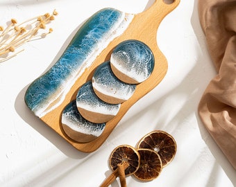 Customizable Epoxy Charcuterie Board for Unique Birthday Gift, Handcrafted Ocean Resin Cheeseboard with Resin Coasters, Asymmetrical Board