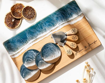 Personalized Wooden Resin Charcuterie Board for Engagement Gift, Custom Engraved Ocean Resin Serving Board, Epoxy Resin Beach Cheeseboard