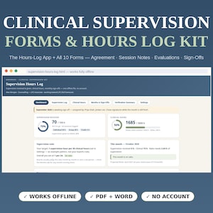 Puede incluir: Un kit de formularios y registro de horas de supervisión clínica con una interfaz de panel digital. La pantalla muestra un registro de horas de supervisión con pestañas para el panel, el registro, las horas y la configuración.