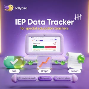 Pode incluir: Uma interface roxa do Tallybird IEP Data Tracker para professores de educação especial. O gráfico mostra um laptop, um ícone em forma de pílula com uma marca de verificação, um gráfico quadrado e um documento com selo, rotulados Tap, Graph, Report.