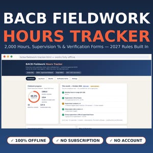 May include: A digital BACB Fieldwork Hours Tracker dashboard interface displayed on a dark blue background. The tracker features progress charts, monthly hour summaries, and verification forms, with text indicating 2027 rules built in.