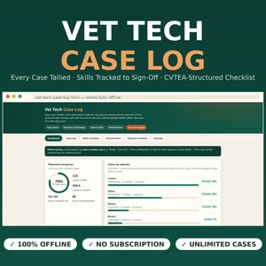 May include: A digital Vet Tech Case Log interface displayed on a screen, featuring a dashboard with progress charts, clinical hours, and species-specific case tracking. The text reads Vet Tech Case Log, 100% Offline, No Subscription, Unlimited Cases.