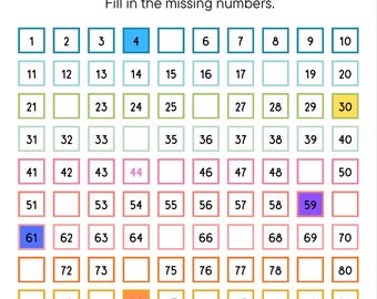 May include: A printable worksheet for children to practise counting from 1 to 100. The worksheet features a grid with numbers 1 through 100, with some numbers missing. Children can fill in the missing numbers to complete the sequence.