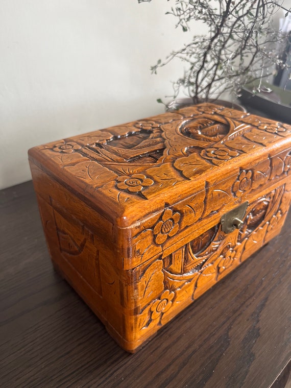 Vintage Hand Carved Chinese Solid Camphor Wood Chest - Tea Box