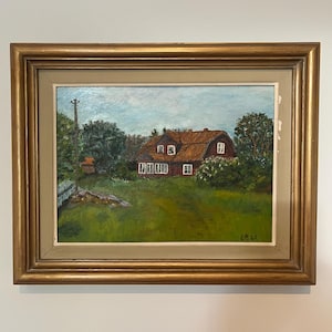 Belle peinture à l'huile vintage village suédois traditionnel original