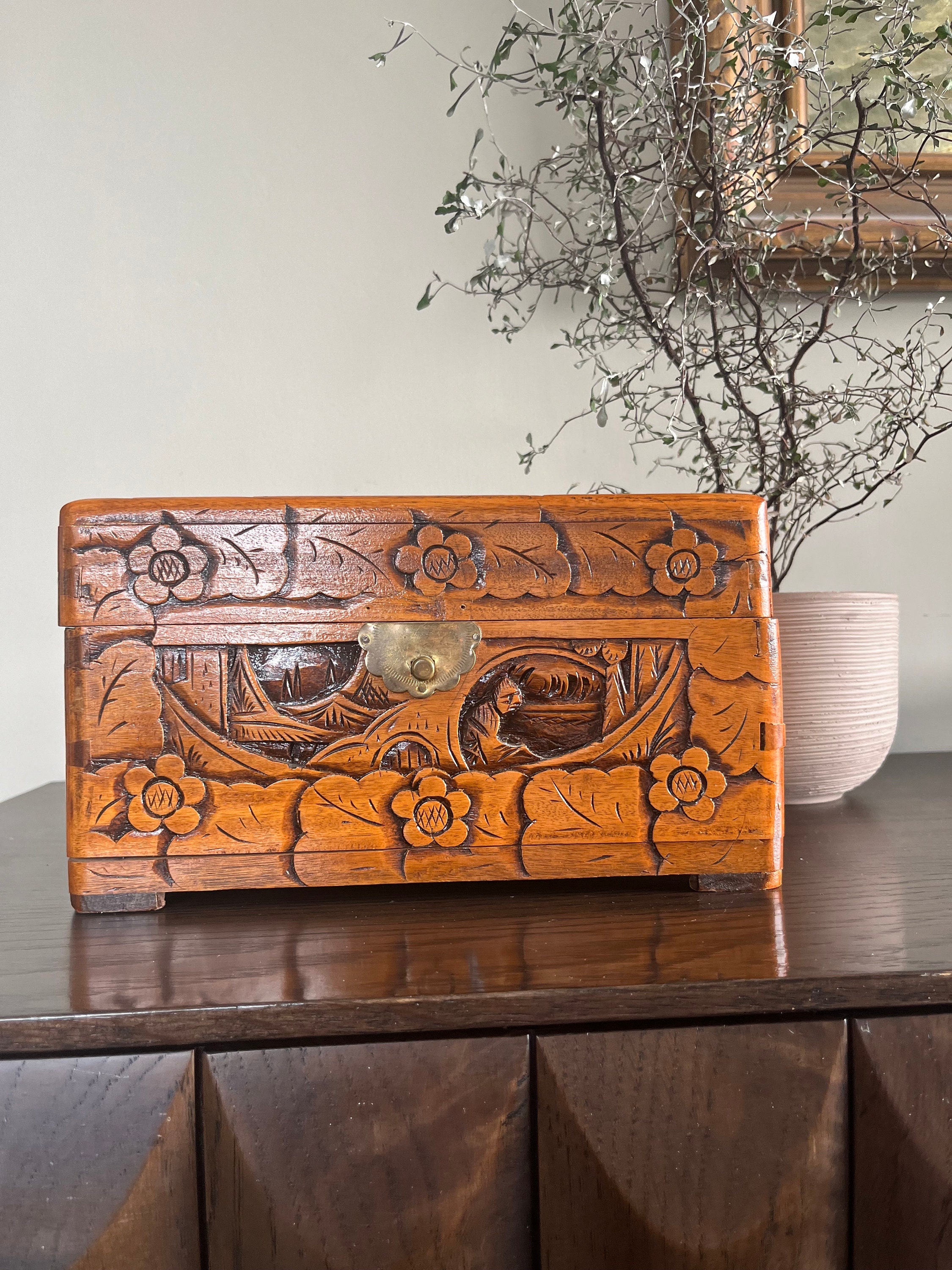 Vintage Hand Carved Chinese Solid Camphor Wood Chest - Tea Box