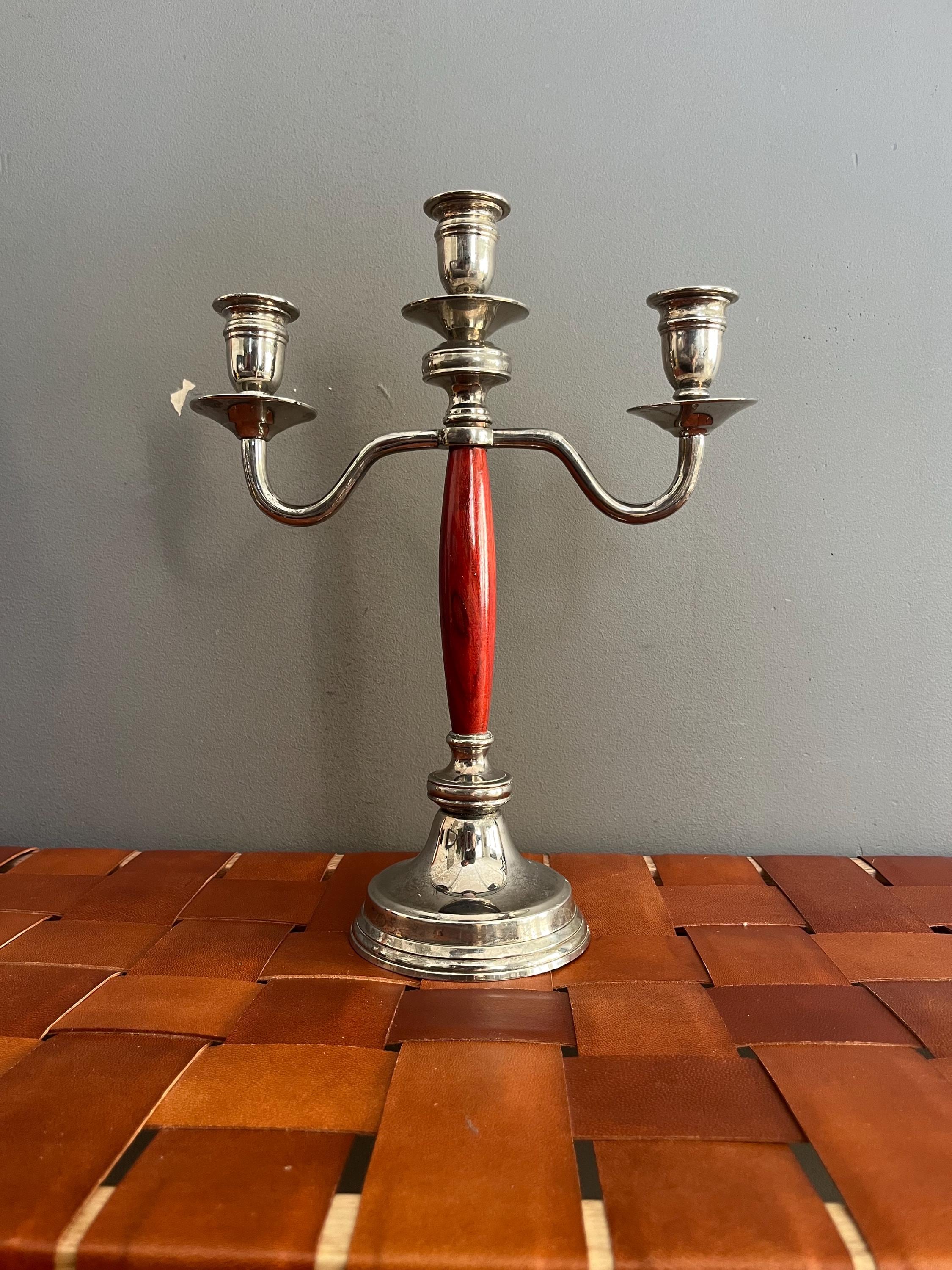 Scandia 1833, Vintage Silver Plated Brass & Wood Candelabra 3-arm