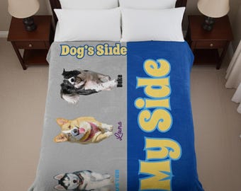 Funny Custom Pet Minky Blanket – “Dog’s Side / My Side” Throw, Personalized Dog Cat Photo Gift, Pet Lover Bedding