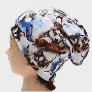 Husky Print Slouchy Beanie – Cotton Jersey Hat for Kids and Adults – OEKO-Tex Handmade Czechia