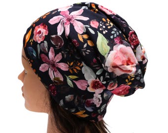 Floral Print Slouchy Beanie – Cotton Jersey Hat for Kids and Adults – OEKO-Tex Handmade Czechia