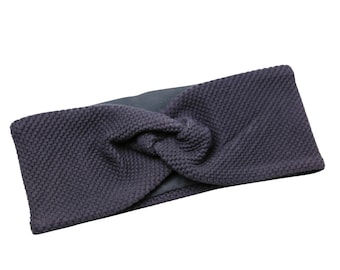 Diadema de punto gris oscuro con textura retorcida – Diadema de jersey de algodón hecha a mano