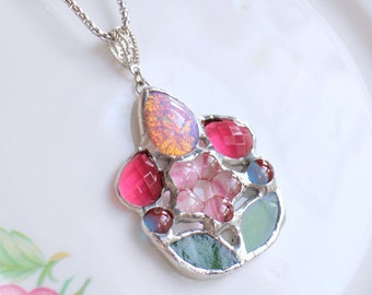 Lead free Stained Glass Flower Necklace w/ Vintage Milky Pink Fire Opal Cabochon Wine Red Stones Pendant