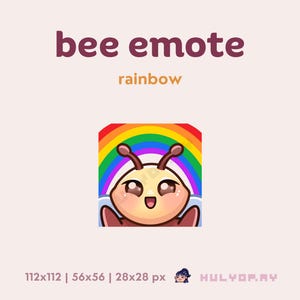 Può includere: Grafica digitale di un'ape dei cartoni animati con sfondo arcobaleno. L'ape ha un corpo marrone chiaro, grandi occhi e un'espressione sorridente. Il testo "bee emote" e "rainbow" sono sopra la grafica.