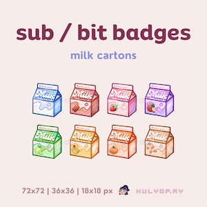 8 odznak za subskrypcję Twitch | Karton mleka | Fragmenty kanału | Na zdrowie | Słodki napój | Kawiarnia | Śniadanie | Role Discord | Subskrybenci YouTube | Transmisja strumieniowa
