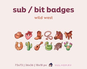 12 insignias de suscripción de Twitch / Salvaje Oeste / Fragmentos de canal / Vaquero / Película del Oeste / Desierto / Rodeo / Granja / Discord / YouTube / Cozy Gamer / Transmisión