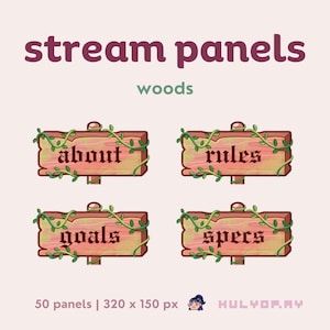 Op de afbeelding: Vier houten stream-panelen met wijnstokken, elk met een ander woord: about, goals, rules en specs. De panelen zijn 320 x 150 pixels groot en maken deel uit van een set van 50.