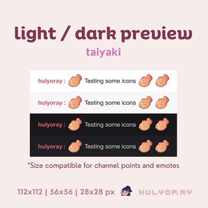 Puede incluir: Una vista previa clara y oscura de un conjunto de iconos taiyaki. El conjunto de iconos presenta un pastel en forma de pez de dibujos animados con un esquema de color rojo y naranja. El texto "hulyoray: Testing some icons" se muestra en cada vista previa. Los iconos est&aacute;n dimensionados para puntos de canal y emoticonos. Los tama&ntilde;os son 112x112, 56x56 y 28x28 p&iacute;xeles.