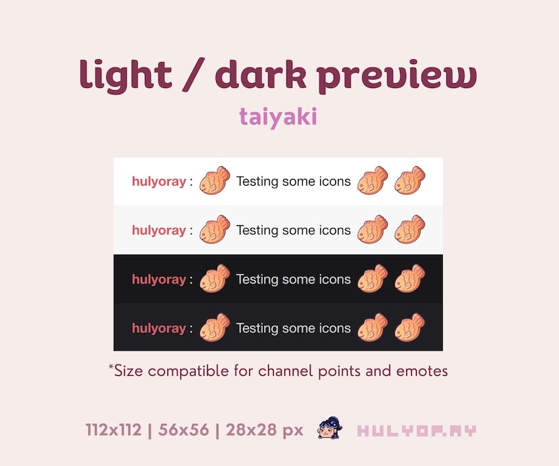 Puede incluir: Una vista previa clara y oscura de un conjunto de iconos taiyaki. El conjunto de iconos presenta un pastel en forma de pez de dibujos animados con un esquema de color rojo y naranja. El texto "hulyoray: Testing some icons" se muestra en cada vista previa. Los iconos est&aacute;n dimensionados para puntos de canal y emoticonos. Los tama&ntilde;os son 112x112, 56x56 y 28x28 p&iacute;xeles.