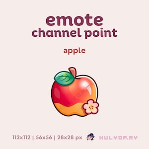 May include: A red apple with a green leaf and a pink flower, with the text "emote channel point apple" above it.