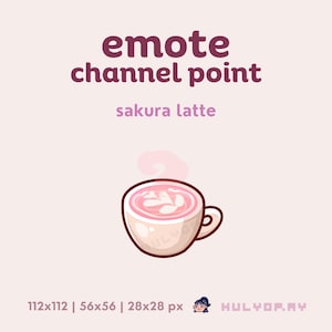Peut inclure: Un latte rose et blanc avec un motif en forme de cœur dans une tasse en céramique blanche avec une anse brune. La tasse est posée sur un fond rose clair. Le texte "emote channel point sakura latte" est au-dessus de la tasse.