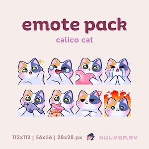 May include: A digital art emote pack featuring calico cats with various expressions. The emotes include cats with tears, hearts, and other symbols. The text "emote pack" and "calico cat" are displayed in the image.