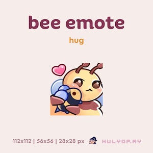 May include: A cartoon bee with brown and yellow stripes hugs another bee with blue wings and a black and yellow body. The bee hugging has a pink heart above its head. The text "bee emote hug" is above the image.