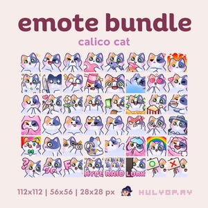 Può includere: Una collezione di emote di gatti calico in varie espressioni e pose. Le emote includono gatti con cuori, lacrime e altri simboli. Il testo in alto recita "emote bundle calico cat". L'immagine include anche il testo "HYPE RAID LURK".