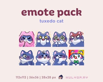 8 emoticonos de Twitch / Gato Tuxedo / Puntos de canal / Paquete de emojis / Gatito / Manta / Furia / Payaso / Discord / YouTube / Gamer / Transmisión / Conjunto 3