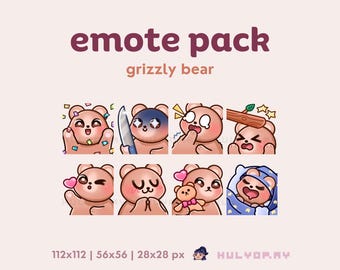 8 emoticones de Twitch / Oso pardo adorable / Puntos de canal / Paquete de emojis / Cachorro pardo / Abrazo / Beso / Celebración / Discord / YouTube / Jugador / Conjunto 2