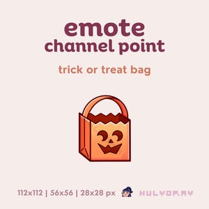 Può includere: Una borsa arancione e marrone per la raccolta di dolcetti con un viso di zucca. La borsa è etichettata "emote channel point trick or treat bag".