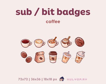 10 insignias de suscripción a Twitch / Café / Fragmentos del canal / Frijoles / Latte / Mocha / Cafetería / Desayuno / Bebidas / Discord / YouTube / Gamer / Transmisión