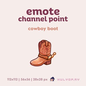 May include: A cartoon-style illustration of a brown cowboy boot with decorative stitching, a strap, and a spur. The text "emote channel point" and "cowboy boot" are displayed above the boot on a light pink background. The image is available in 112x112, 56x56, and 28x28 px sizes.