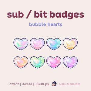 May include: Set of eight iridescent heart-shaped badges in various pastel colours, including pink, blue, green, and yellow. The badges are designed with a swirling, galaxy-like pattern and are labelled "sub/bit badges bubble hearts".
