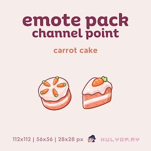 Könnte beinhalten: Digitalgrafik mit zwei Cartoon-Karottenkuchen-Emotes. Einer ist ein runder Kuchen mit orangefarbenen Karottendekorationen, der andere ein Kuchenstück mit einer Karotte. Der Text lautet "emote pack channel point carrot cake."