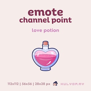 May include: A digital illustration of a heart-shaped bottle filled with pink liquid, labeled "love potion." The bottle has a cork stopper and is outlined in blue. The text "emote channel point" is above the bottle.