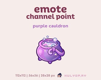 May include: Purple cauldron with a swirling potion and stars inside. The cauldron has a handle and is sitting on a white background. The text "emote channel point purple cauldron" is above the cauldron.