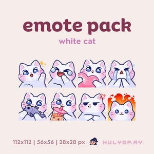 May include: A collection of eight white cat emotes with various expressions, including joy, anger, and sadness. The text "emote pack" and "white cat" are displayed in a dark pink font. The image also includes size specifications.