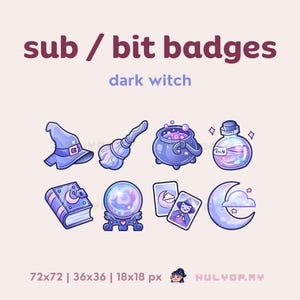 Puede incluir: Conjunto de ocho insignias digitales con temática de bruja oscura. Las insignias incluyen un sombrero de bruja, una escoba, un caldero, una botella de poción, un libro, una bola de cristal, una carta de tarot y una luna creciente. Las insignias están en tonos de morado, azul y blanco.
