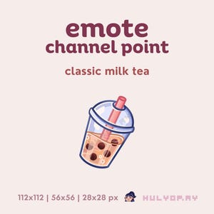 May include: A cartoon illustration of a classic milk tea beverage in a clear cup with a pink straw. The text "emote channel point" and "classic milk tea" are above the image. The text "112x112 | 56x56 | 28x28 px" and "HULYOP.MY" are below the image.
