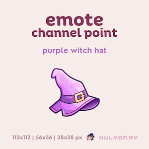 Pode incluir: Ponto de canal de emote de chapéu de bruxa roxo. O chapéu tem uma fivela preta e uma ponta pontiaguda.