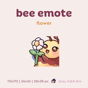 Può includere: Un'ape dei cartoni animati che tiene in mano un fiore bianco e giallo con foglie verdi. L'ape ha una faccia sorridente ed è colorata di giallo, marrone e rosso. Il testo "bee emote" è sopra l'immagine e "flower" sotto.