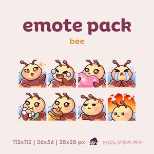 May include: A set of eight animated bee emojis in various poses, including a bee with a heart, a bee with a flower, a bee with a honeycomb, and a bee with a tear. The emojis are in a cartoon style and are perfect for use in online chat or social media.