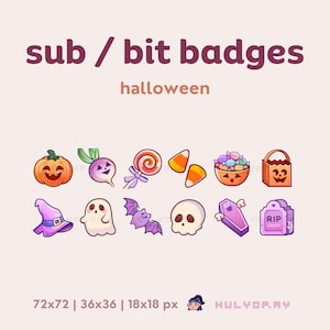 May include: A set of 10 Halloween themed digital badges for Twitch or other streaming platforms. The badges feature a variety of spooky and fun designs, including a pumpkin, a ghost, a bat, a skull, a candy corn, a lollipop, a candy bowl, a trick-or-treat bag, a witch's hat, and a tombstone. The badges are designed in a cute and cartoonish style.