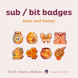 Pode incluir: Conjunto de oito emblemas de bate-papo do Twitch com tema de abelhas e mel. Os emblemas apresentam um pote de mel, um favo de mel, uma colmeia, um laço, um urso, um pote de mel e um concha de mel. Os emblemas estão em vários tons de amarelo, laranja e marrom.
