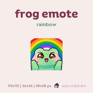 Op de afbeelding: Een groene kikker-emoji met een regenboog achtergrond. De kikker glimlacht en heeft zijn armen in de lucht. De tekst "frog emote rainbow" staat boven de afbeelding.