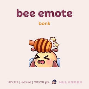 Op de afbeelding: Een cartoon bijen-emote met de tekst "bee emote" en "bonk". De bij is lichtgeel met een honingdipper op zijn hoofd en sterren. De bij heeft een bedroefde uitdrukking.
