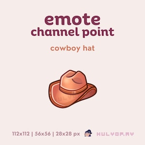 Puede incluir: Ilustración digital de un sombrero de vaquero en tonos naranja y marrón. La imagen incluye el texto "emote channel point" y "cowboy hat" en fuente rojo oscuro. El sombrero está centrado sobre un fondo rosa claro.