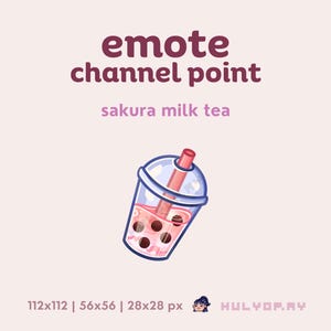 Könnte beinhalten: Ein rosa und weißer Bubble Tea mit Tapiokaperlen in einem durchsichtigen Becher mit einem roten Strohhalm. Der Text "emote channel point sakura milk tea" befindet sich über dem Bubble Tea.