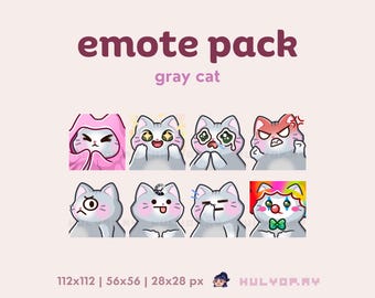 8 emoticonos de Twitch / Gato gris / Puntos de canal / Paquete de emojis / Gatito / Manta / Furia / Payaso / Discord / YouTube / Gamer / Transmisión / Conjunto 3