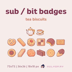 Puede incluir: Un conjunto de 12 insignias de galletas de té de dibujos animados de colores en varias formas y tamaños, que incluyen una tetera, una taza de té y diferentes tipos de galletas. Las insignias están diseñadas para usar en Twitch u otras plataformas en línea.